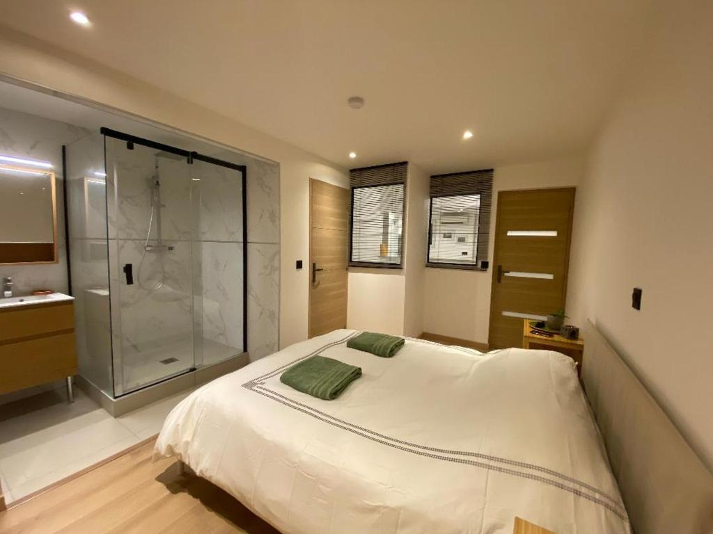 une chambre avec un grand lit et une douche dans l'établissement Sunsète appartement T3 duplex centre ville avec terrasse et balcon, à Sète