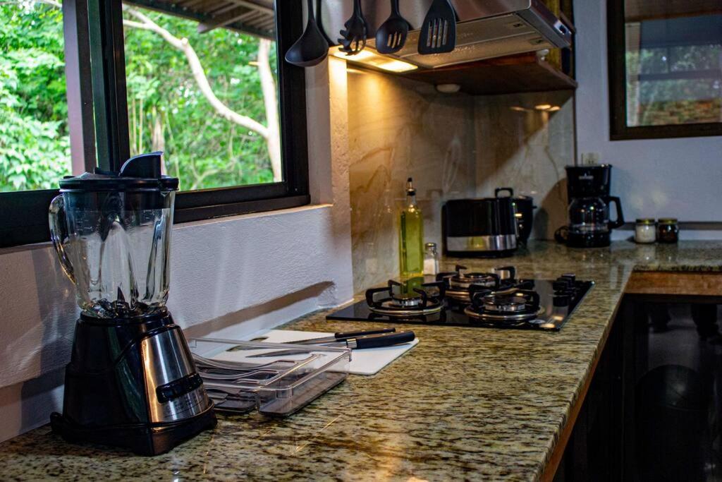 a kitchen counter with a blender on top of it at Casa Bosque en Finca La Puesta Del Sol in Monteverde Costa Rica