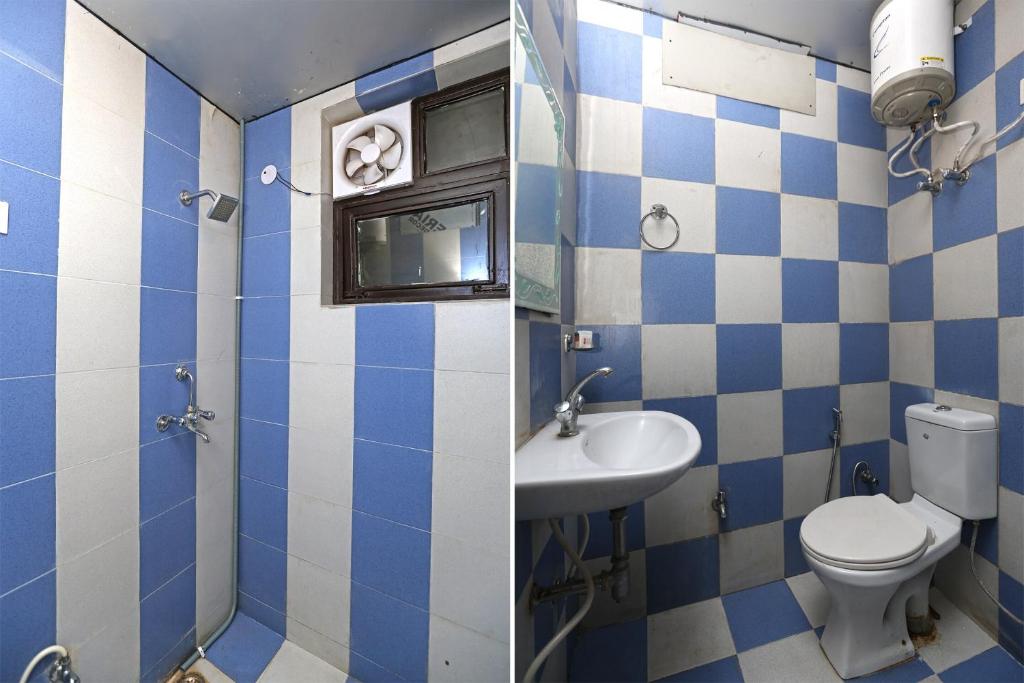 two pictures of a bathroom with a toilet and a sink at OYO Mahak Residency in Gurgaon