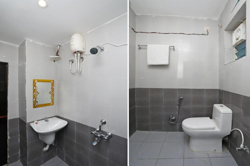 two pictures of a bathroom with a toilet and a sink at OYO Ma Classic Inn in Bhubaneshwar