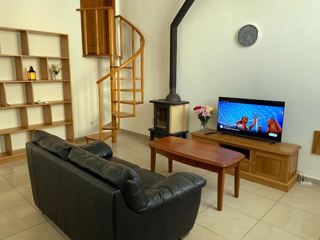 a living room with a black leather couch and a tv at Terraced House near the Sea in Livorno