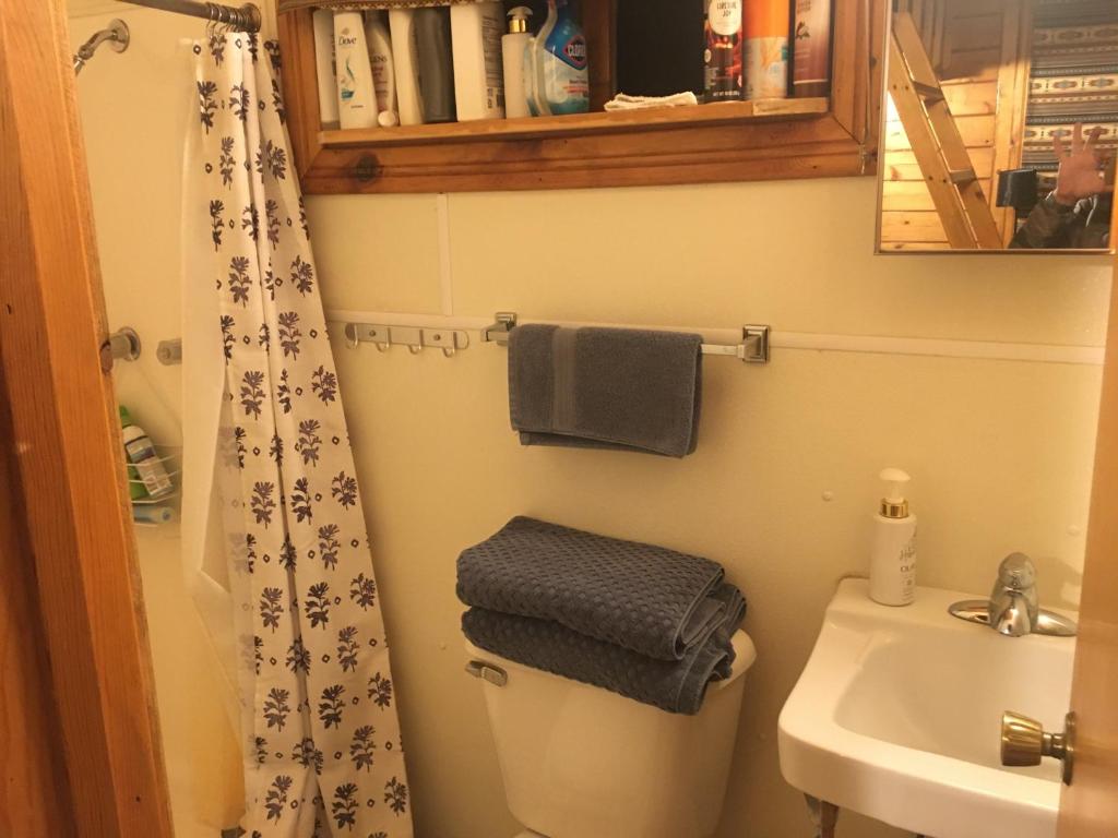 y baño con aseo y lavamanos. en 2 Cabin for simple people not for picky rental car available, en Custer