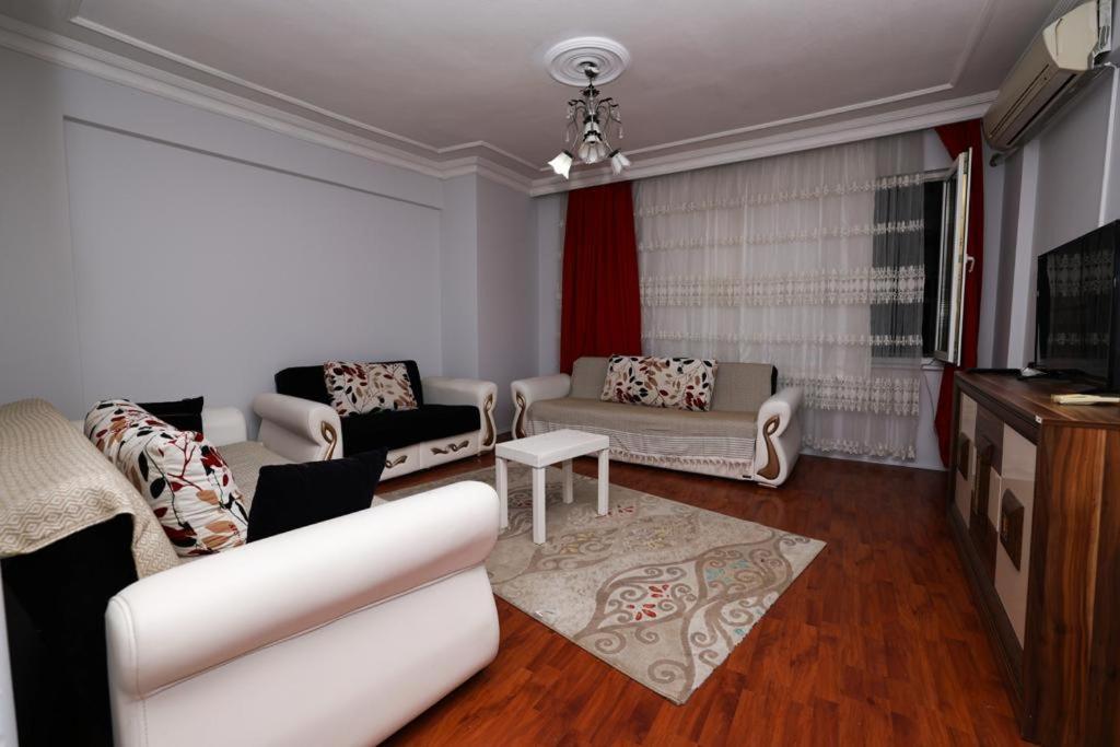 a living room with two couches and a tv at Doğal apart in Trabzon