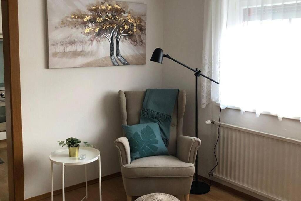 Garden View Apartment في إنسبروك: غرفة معيشة فيها كرسي ومصباح