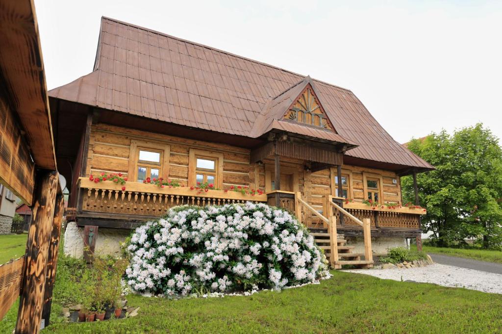 una cabaña de madera con un gran arbusto florido delante de ella en Drevenica Luki, en Ždiar