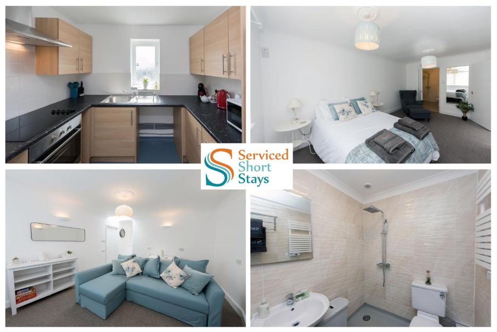a collage of photos of a kitchen and a bedroom at Stylish ground floor apartment in Margate