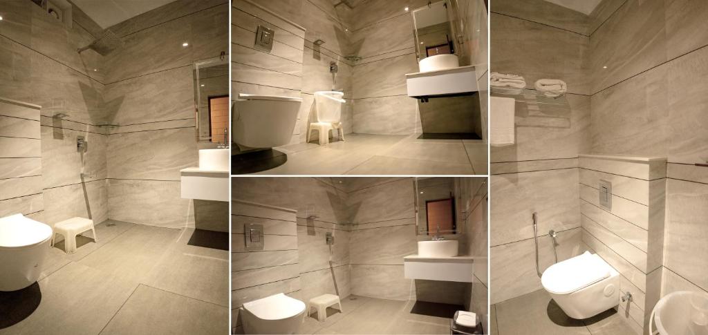 Quatre photos d'une salle de bains avec toilettes et lavabos dans l'établissement The Nest Inn Resort, à Masinagudi