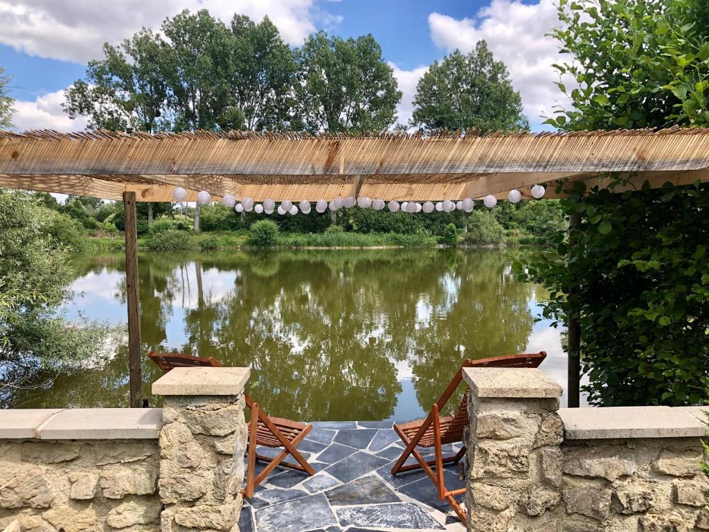 a patio with chairs and a pond with a straw umbrella at Chalet La Bohème in Prouilly