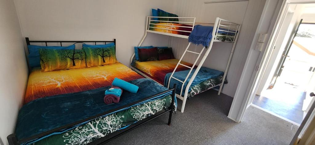 a bedroom with two bunk beds and a ladder at Golden Mt Rest off Pepperina Lane in Mount Morgan