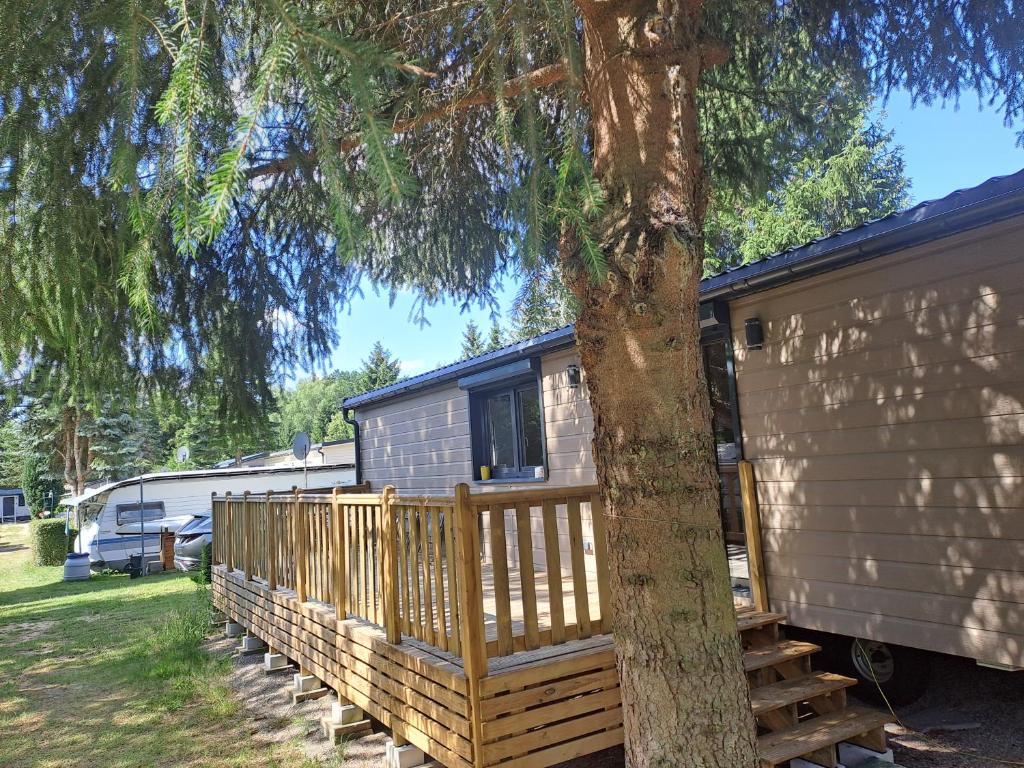 a mobile home with a deck and a tree at Haus Zander in Lohmen