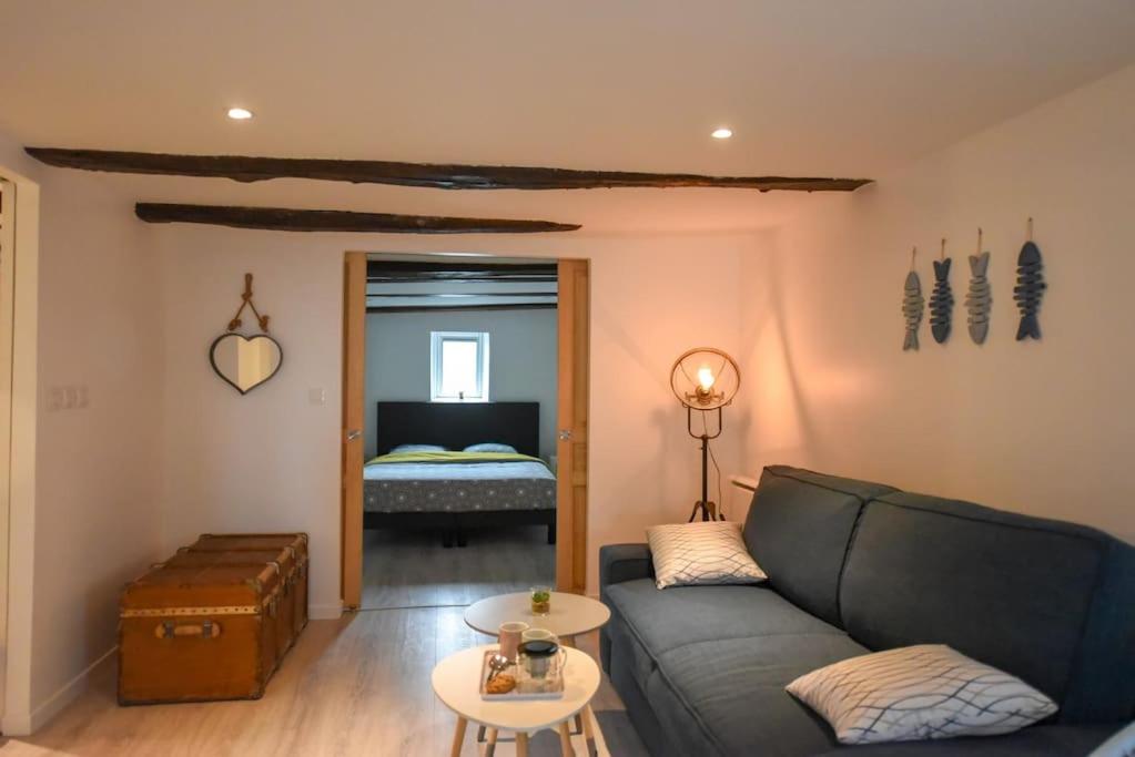 a living room with a couch and a bed at Les Remparts de Dinan . f3 intramuros. avec wifi in Dinan