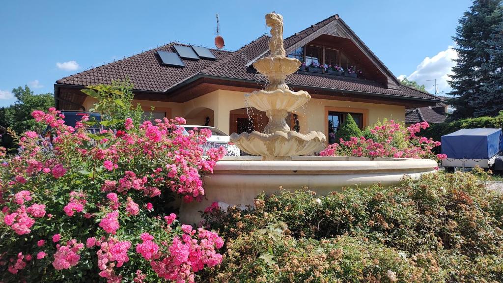 una fuente frente a una casa con flores rosas en Ubytování Carmen, en Česká Skalice