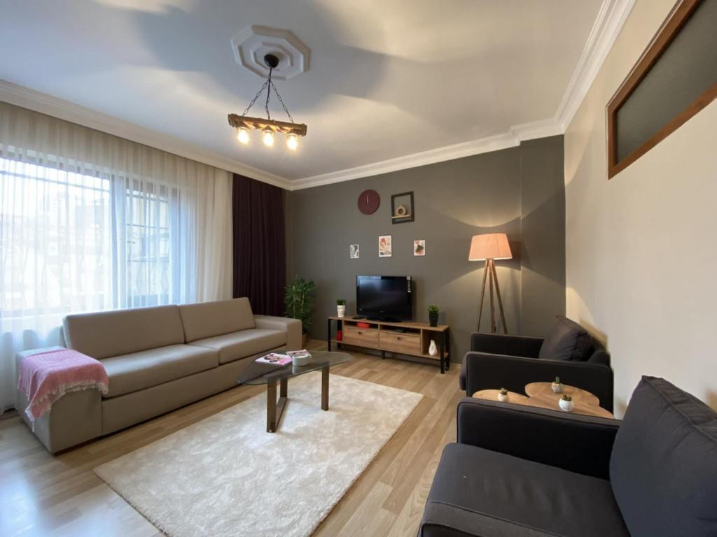 a living room with a couch and a tv at Distinguished Flat near Pera Museum in Beyoglu in Istanbul