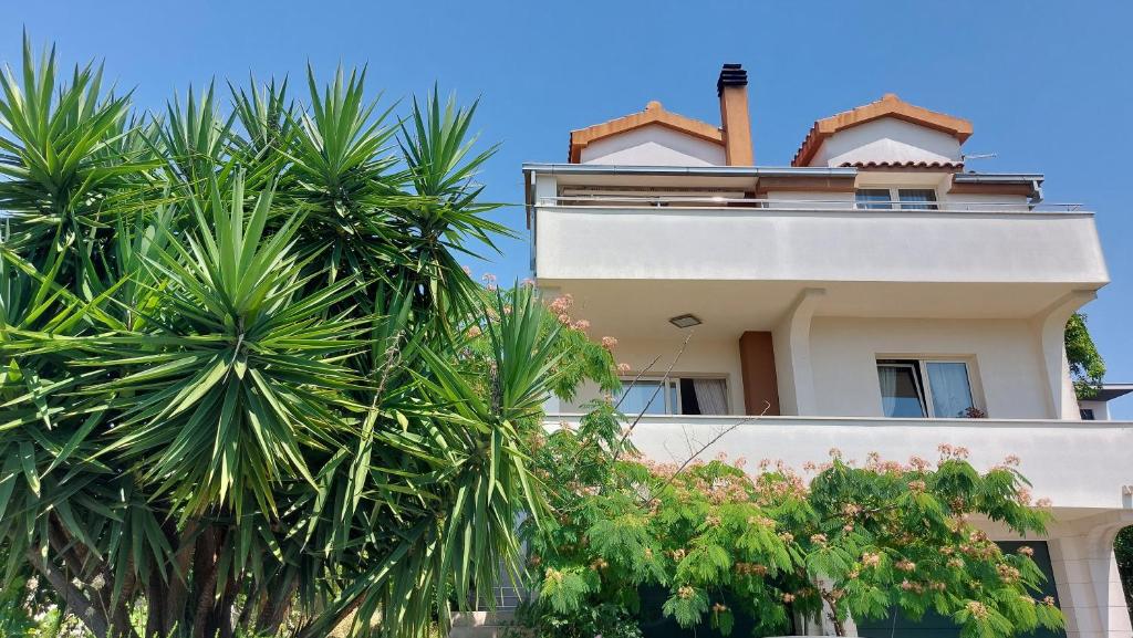 a building with palm trees in front of it at Mislav Apartment in Trogir