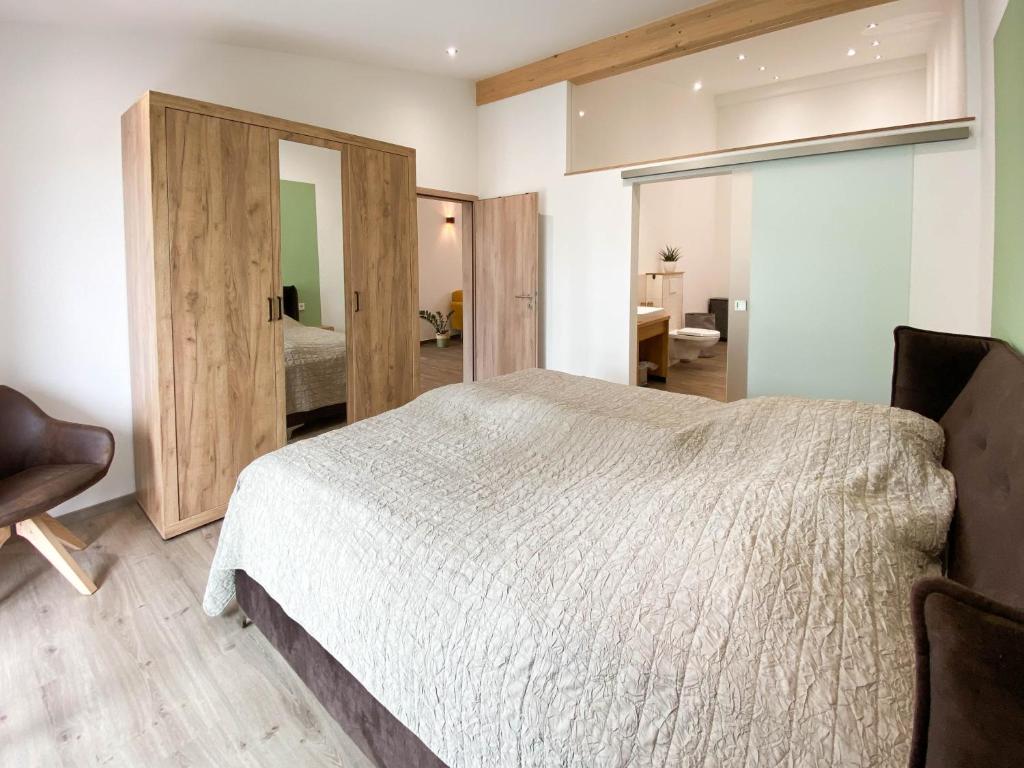 a bedroom with a large bed and a mirror at Eiselehof Ferienwohnungen in Alleinlage in Rot am See