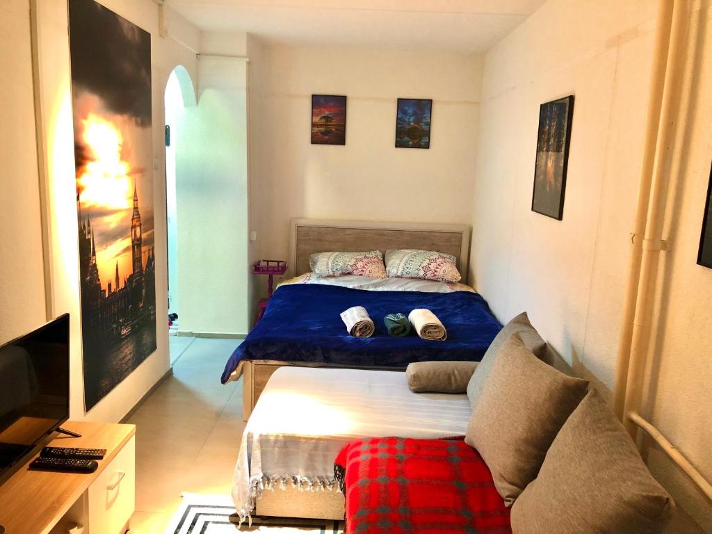 ein Schlafzimmer mit einem Bett und einem Sofa in der Unterkunft Hana’s Apartment in Pristina