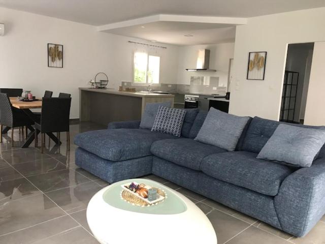 VILLA DES PINS في Cazaubon: غرفة معيشة مع أريكة زرقاء ومطبخ