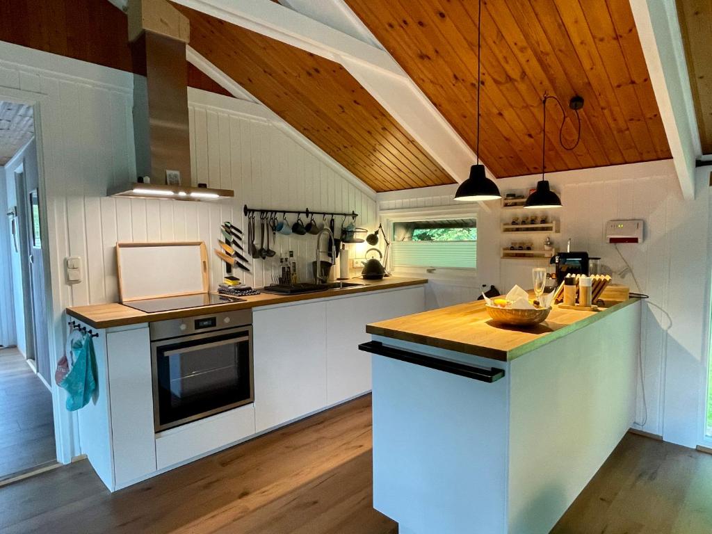 een keuken met witte kasten en een houten plafond bij Ferienhaus Kleine Auszeit in der Natur mit Kamin, Yogamatten, schöne Küche in Extertal