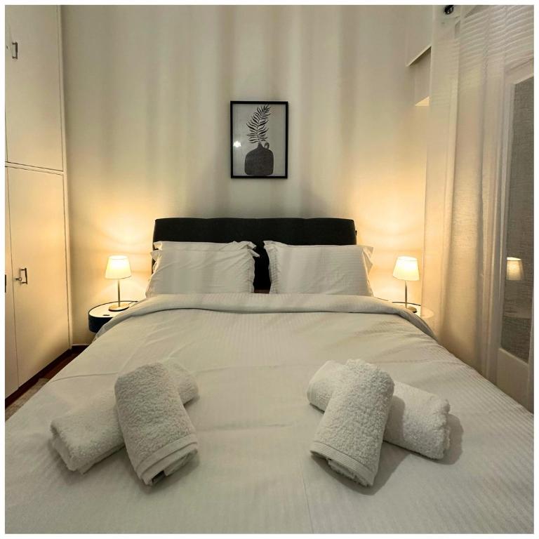 ein Schlafzimmer mit einem großen weißen Bett mit zwei Kissen in der Unterkunft Memories Apartments Μονοκατοικία στο Καρπενήσι in Karpenisi