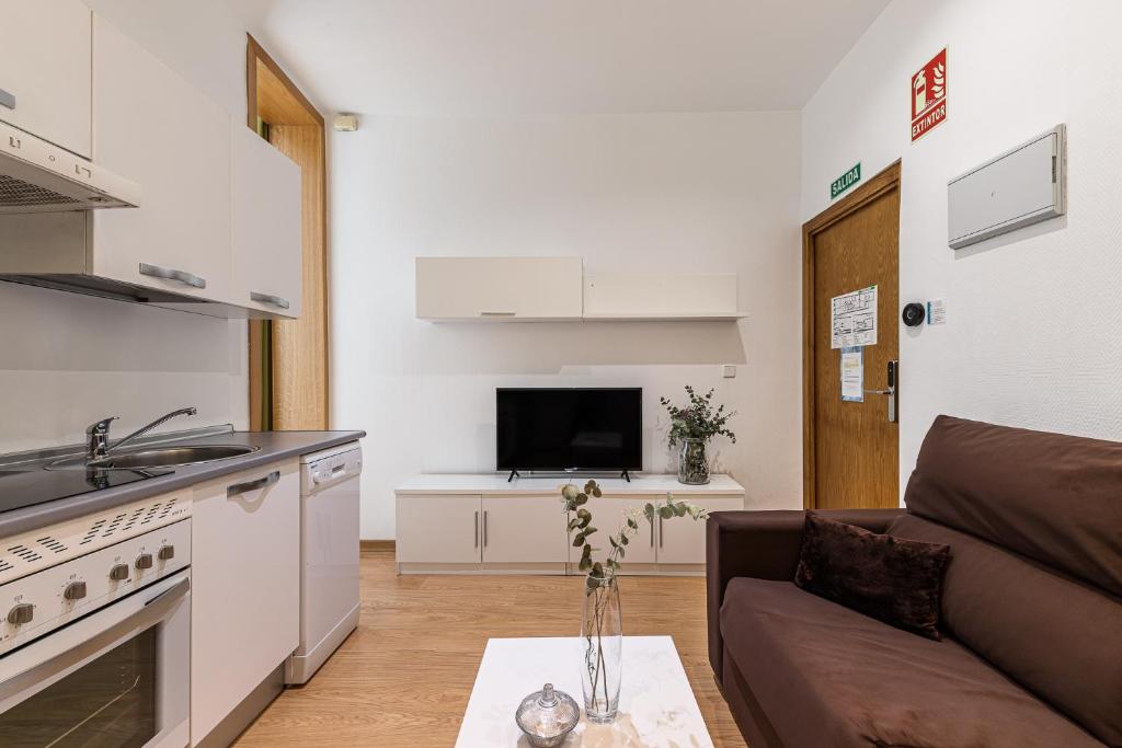 een keuken en een woonkamer met een bank en een televisie bij BNBHolder Apartamentos en Sol Confort 4 in Madrid
