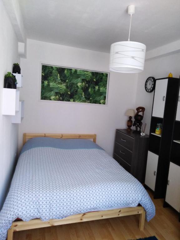 - une chambre avec un lit et une lampe pendant dans l'établissement Appart du 21, à Sainte-Marie-aux-Mines