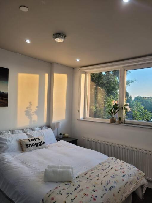 Un dormitorio con una cama grande y una ventana en Astral 1 BR Flat in London AS36, en Norbury