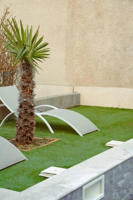 a palm tree sitting next to a white table and chair at La Violette ONLY WOMEN femmes uniquement in Vénissieux