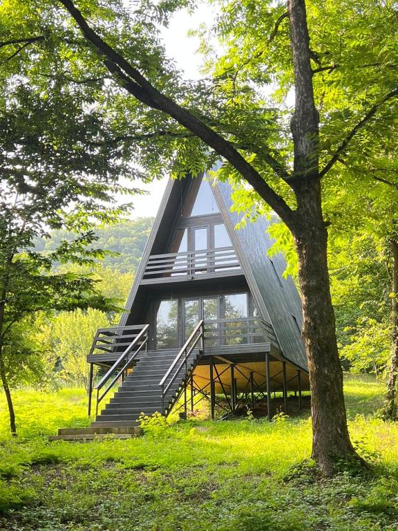 a house with a metal roof and stairs at Gurgeniani Twin Cottages in Lagodekhi