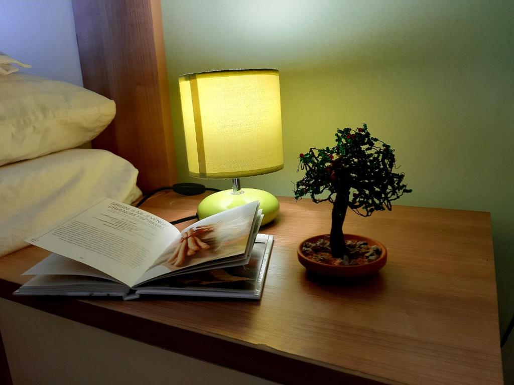 un comodino con un libro e una pianta sopra di Amarena Apartment a Fiume (Rijeka)