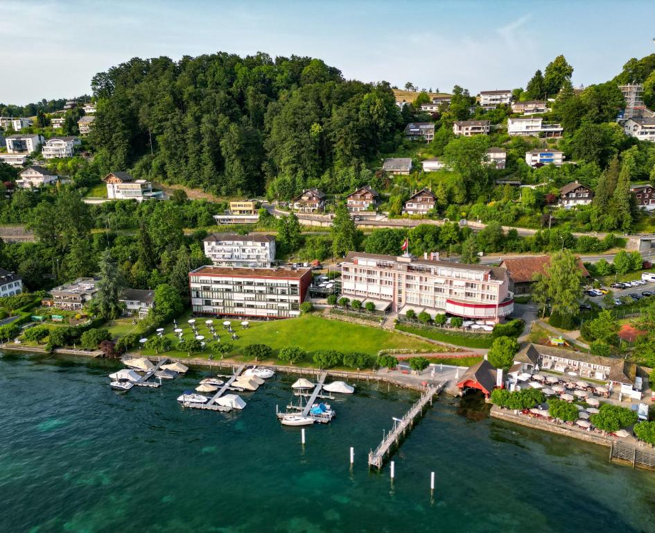 HERMITAGE Lake Lucerne - Beach Club & Lifestyle Hotel في لوتزيرن: اطلالة جوية على مرسى به قوارب في الماء