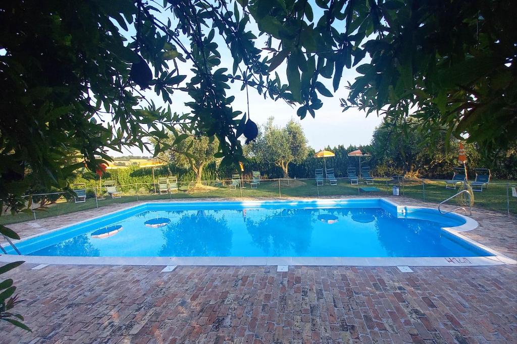 a large blue swimming pool in a yard at Agri Divin Amore in San Costanzo