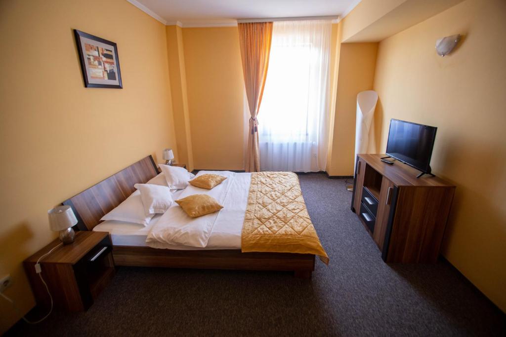 a hotel room with a bed and a television at Hotel Alexandra in Timişoara
