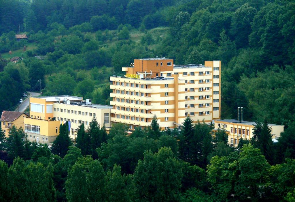 un grande edificio in mezzo a una foresta di alberi di Hotel Germisara a Geoagiu Băi