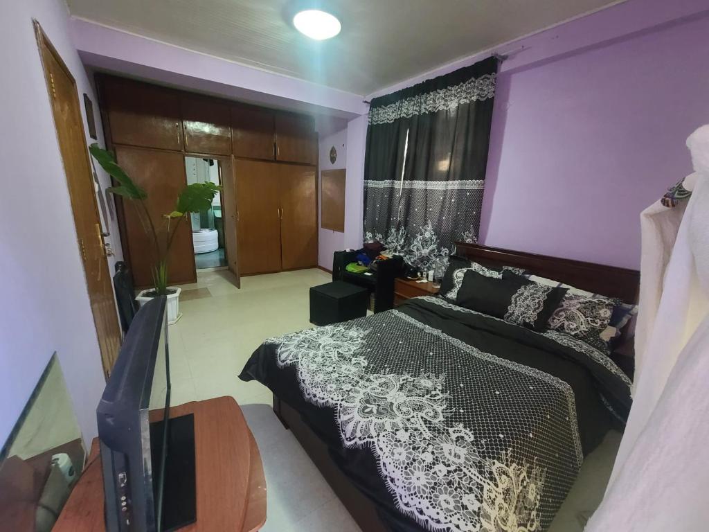 A Cozy Studio Apartment 10 mins to Bole Int'l Airport في أديس أبابا: غرفة نوم بجدران أرجوانية وسرير وتلفزيون