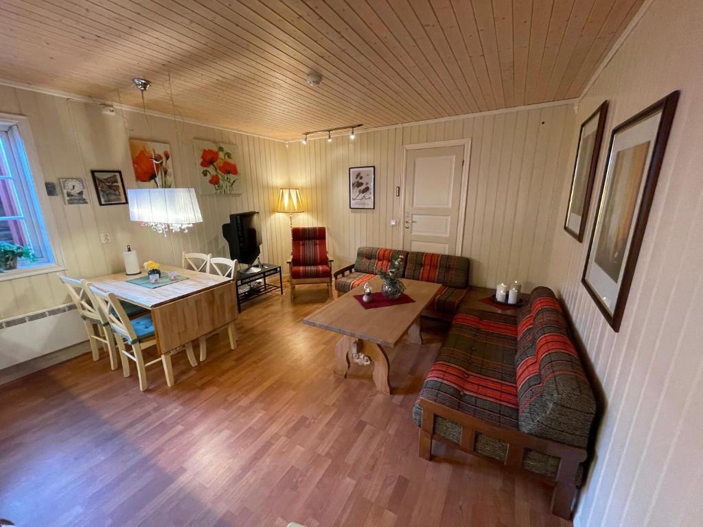 Kjerkgata 6 - midt i Røros sentrum في روروس: غرفة معيشة مع أريكة وطاولة