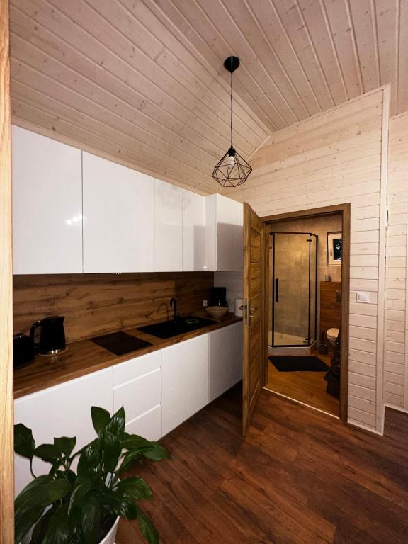 Modern kitchen with wooden accents and a bathroom door.