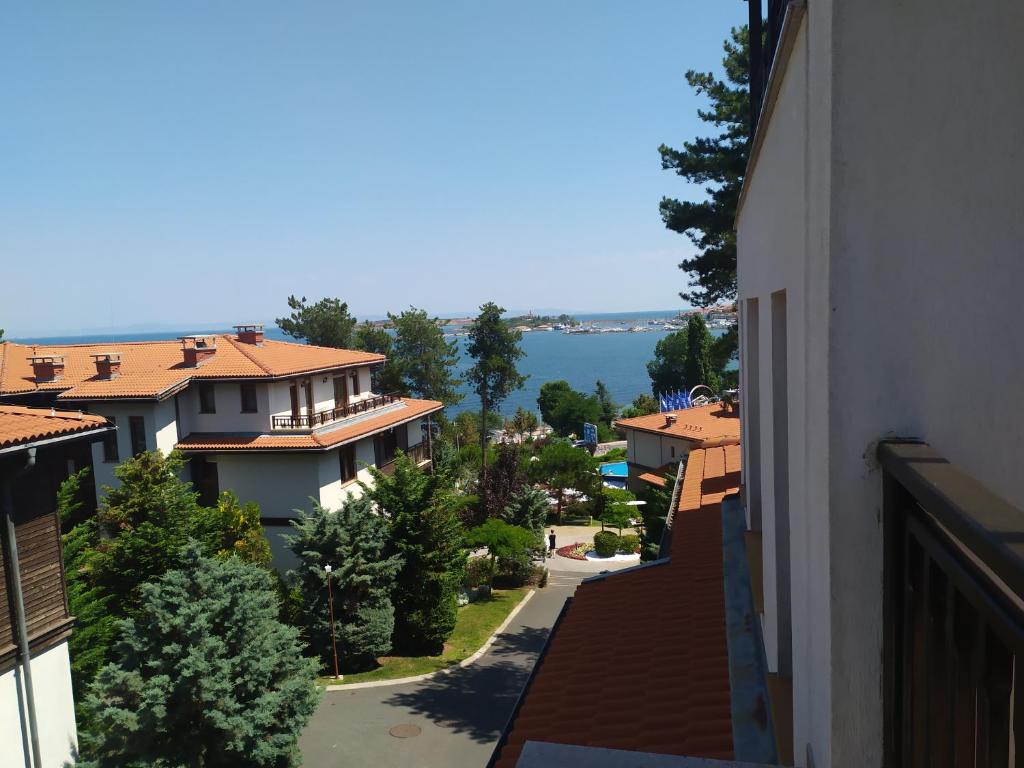 a view from a building of a street with houses at Sea Bliss Retreat -Santa Marina - Sozopol in Sozopol