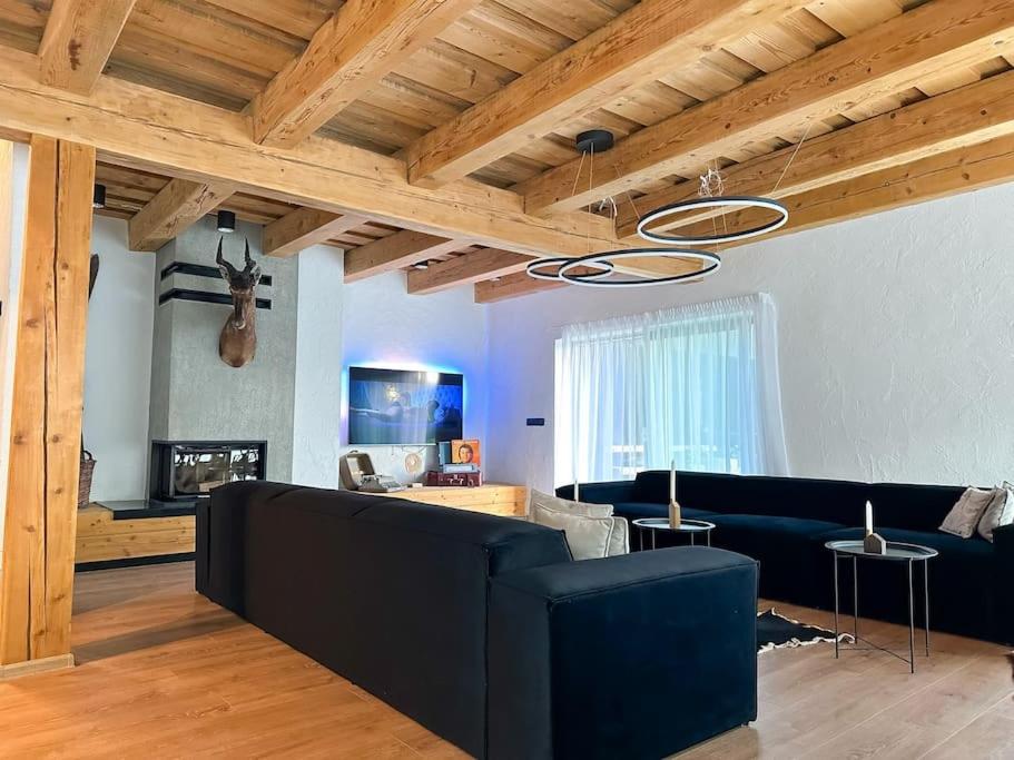 a living room with a blue couch and wooden ceilings at Chalet Black Deer in Mýto pod Ďumbierom