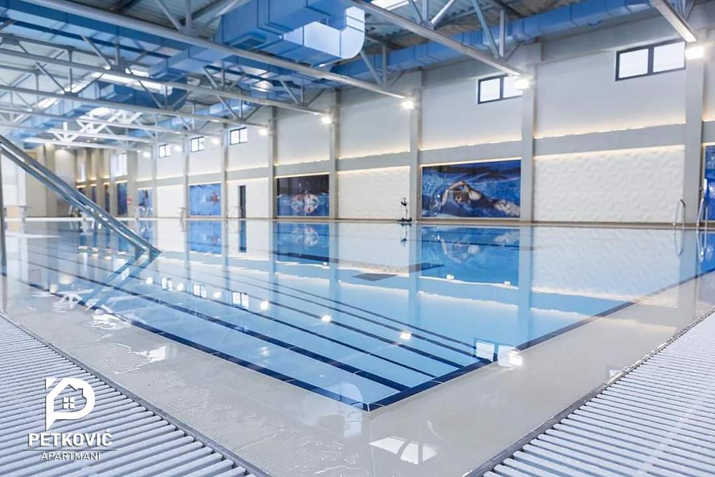 a swimming pool in a large room with water at Petković apartmani 34 in Jagodina