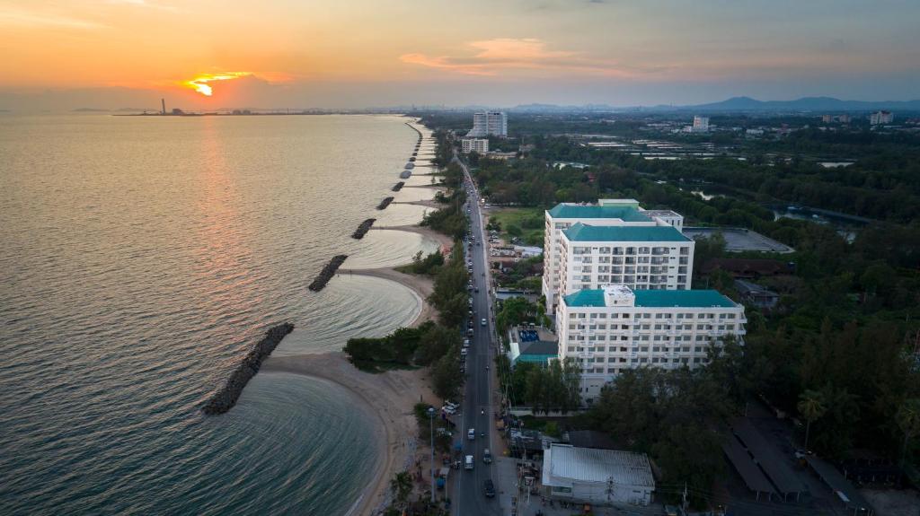 an aerial view of a beach at sunset at Kantary Bay Hotel And Serviced Apartment Rayong in Rayong