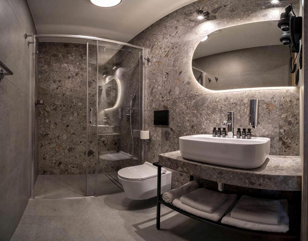 a bathroom with a sink and a shower and a toilet at Hotel Alexander in Krakow