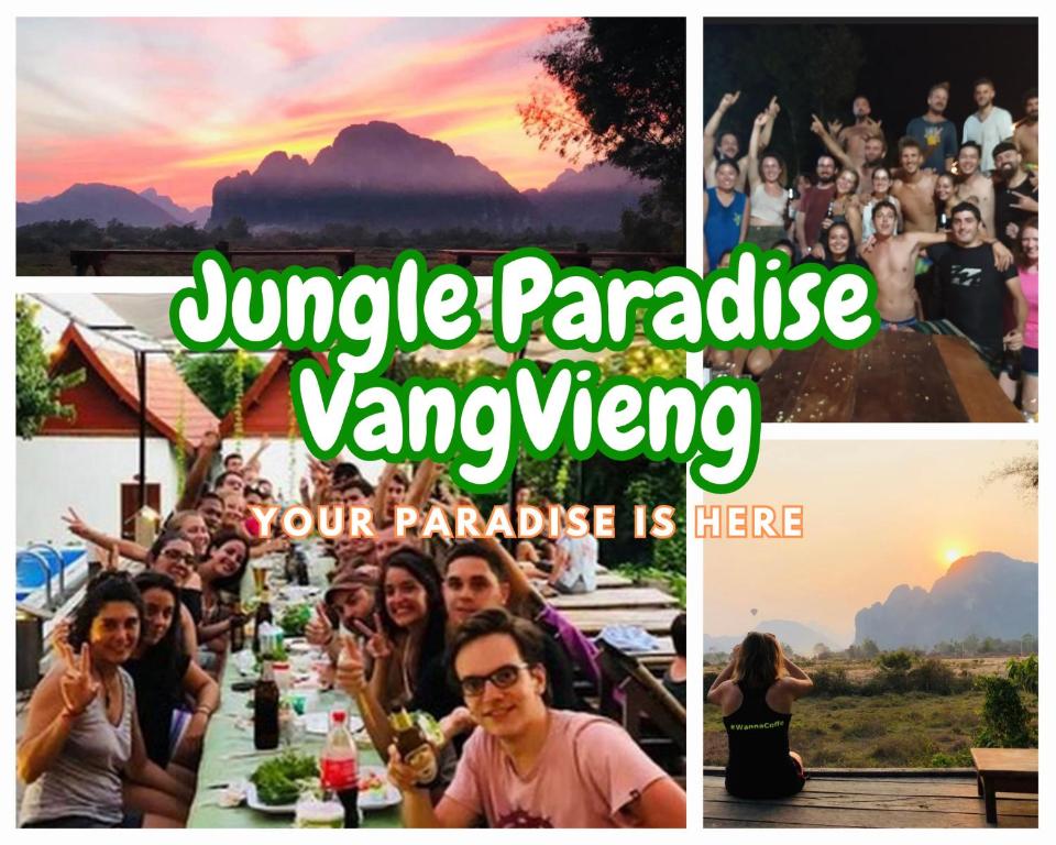 a collage of photos of a group of people at a party at Jungle Paradise VangVieng - Bungalows in Vang Vieng