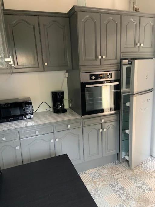 a kitchen with gray cabinets and a white refrigerator at La Villa de Niolon au coeur de la calanque vue mer in Le Rove