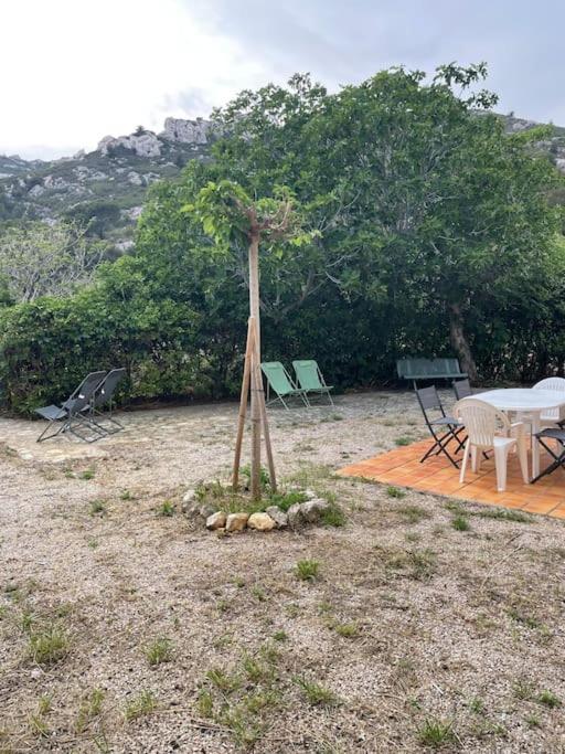 a tree in a field with chairs and a table at La Villa de Niolon au coeur de la calanque vue mer in Le Rove