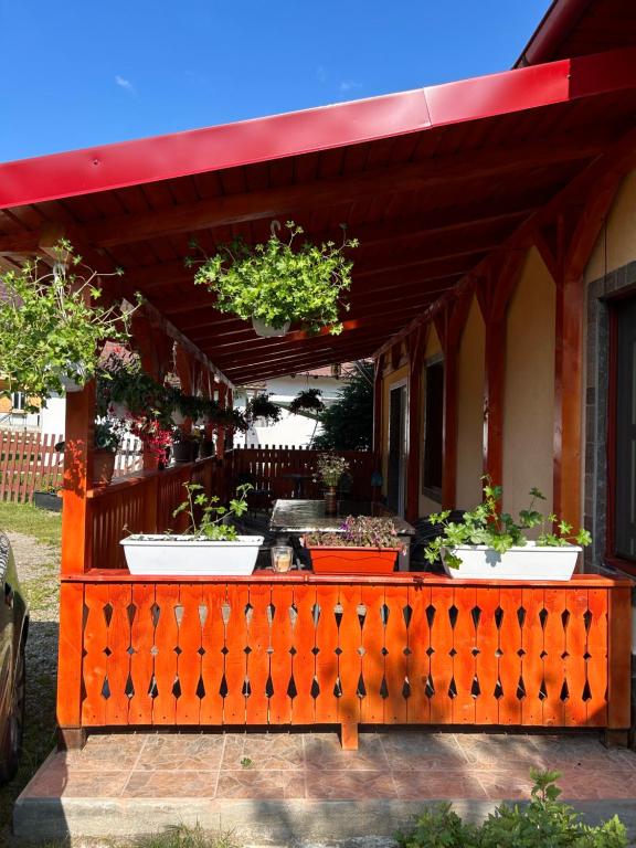 an orange fence with potted plants on top of a house at Căsuța din pădure de la Câmpu lui Neag in Cîmpu lui Neag