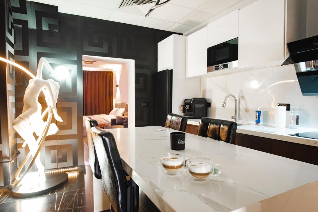 a kitchen with a counter with chairs and a table at Fagaras City Center Experience in Făgăraş