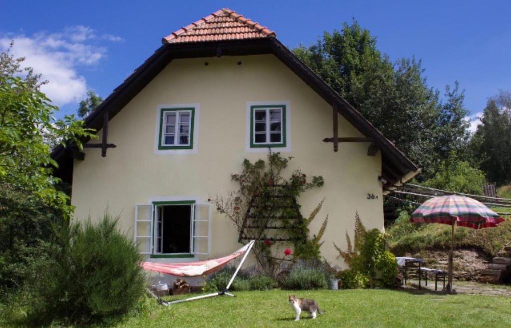 a house with a cat standing in front of it at Monika am Masenberg in Vorau