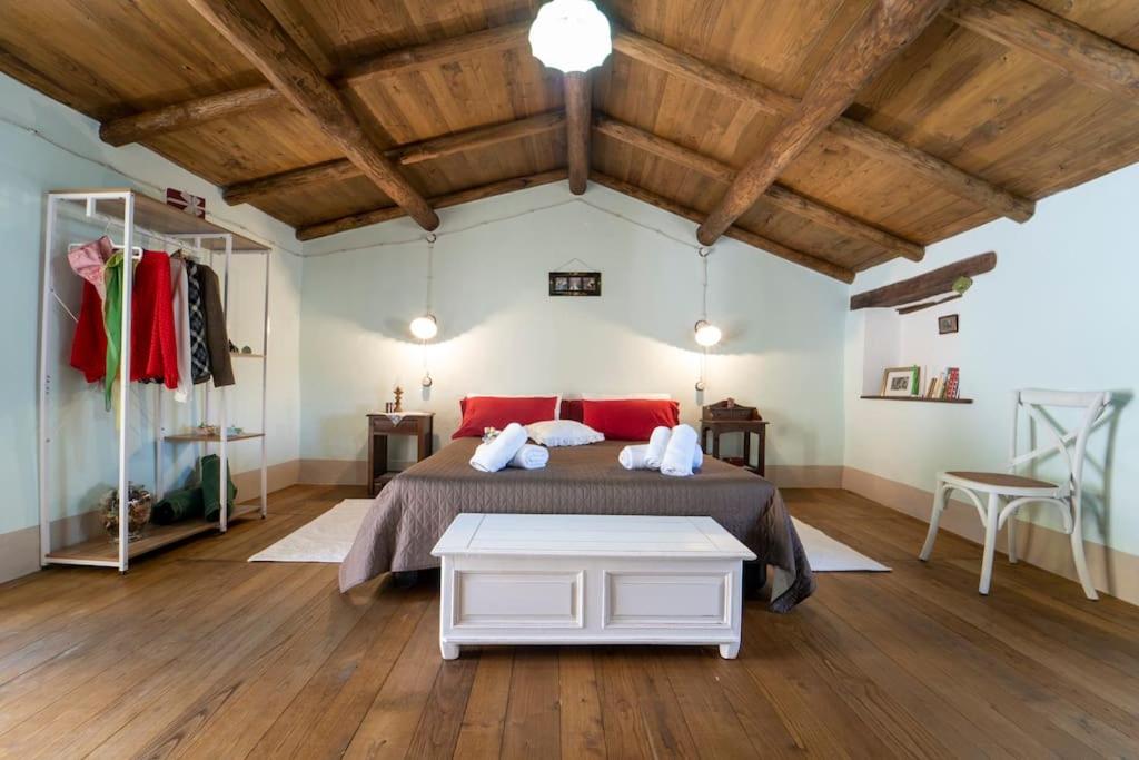 een slaapkamer met een groot bed en een houten plafond bij Casa storica Austis, Sardegna in Austis