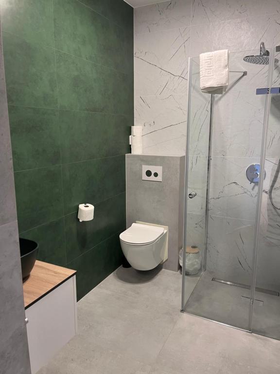 Modern bathroom with green tiled wall, wall-mounted toilet and glass shower enclosure.