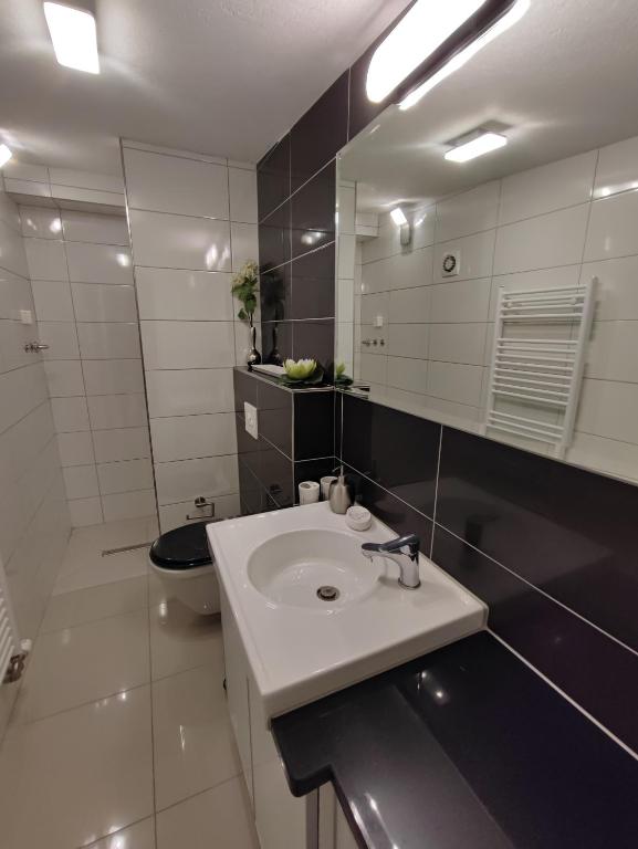 a bathroom with a sink and a mirror and a toilet at APARTMANI VIJEĆNICA in Sarajevo
